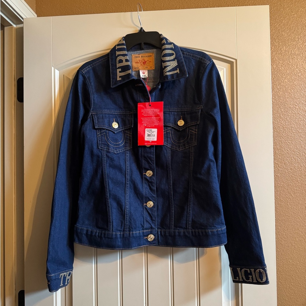NWT True Religion Dark Wash Blue Jean Jacket W/Logo On Collar & Sleeves. Size XL